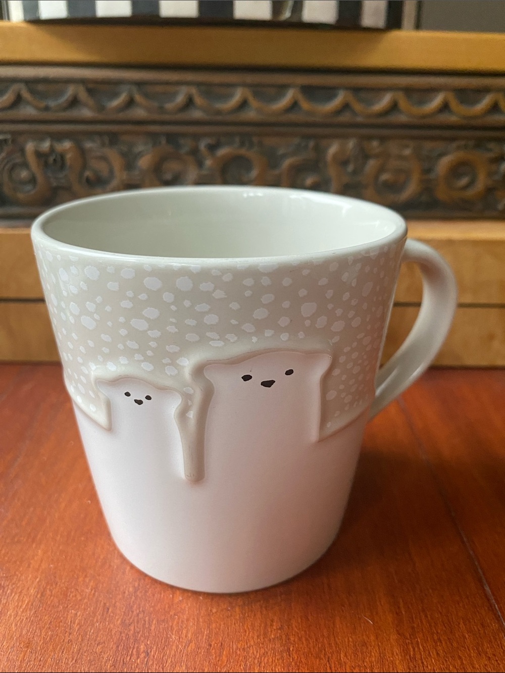 Starbucks Polar Bear Coffee Mug Cup 2016 Tan White Snow 12 oz Embossed Christmas